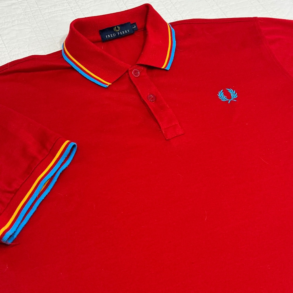 Fred Perry Mens Red Pique Polo Shirt Blue Tipped Trim Size L Laurel Wreath